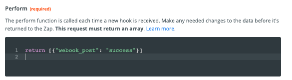 Code snippet reads: return [{"webook_post" : "success"}]