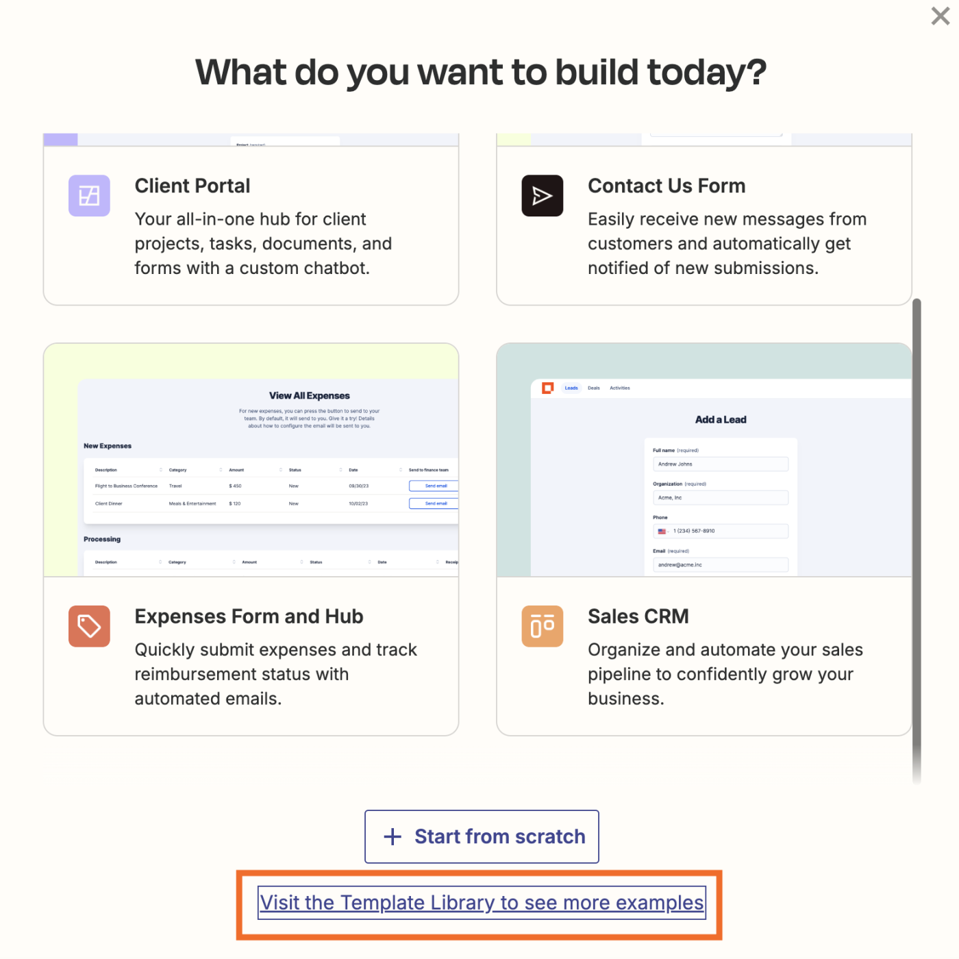 Screenshot of template library link in interfaces