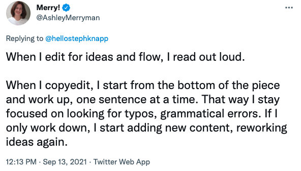 A tweet from Ashley Merryman suggesting you read your work out loud