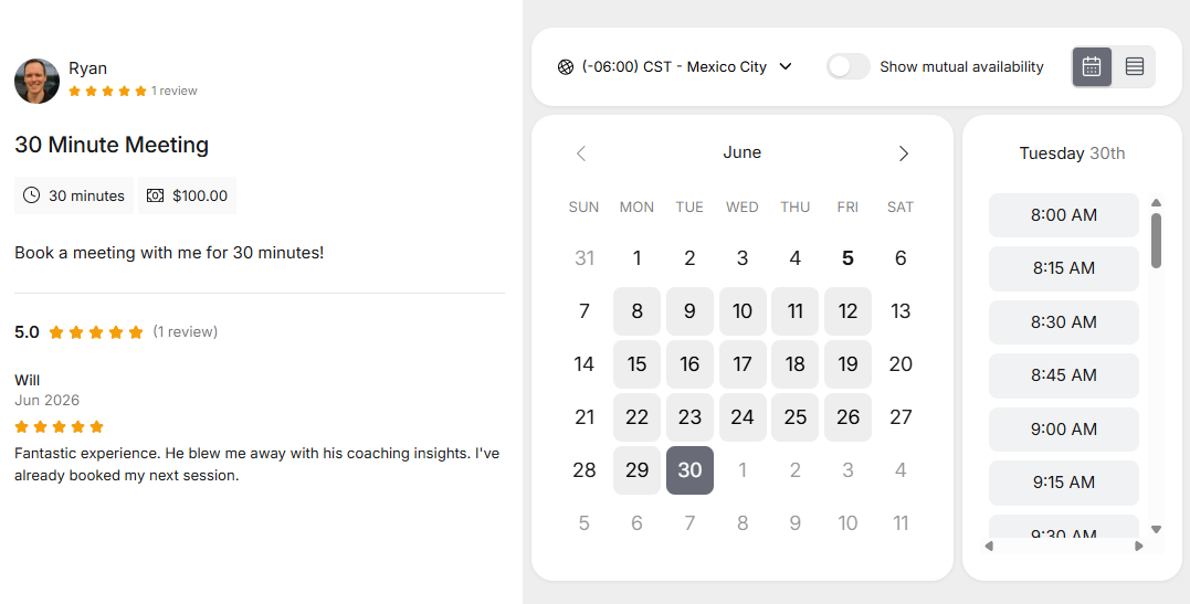 A review on a TidyCal booking page