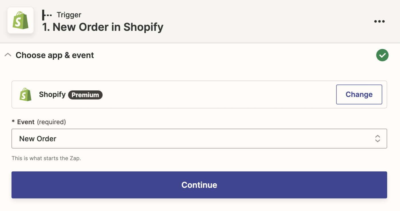 A Shopify trigger with New Order selected in the Event field.