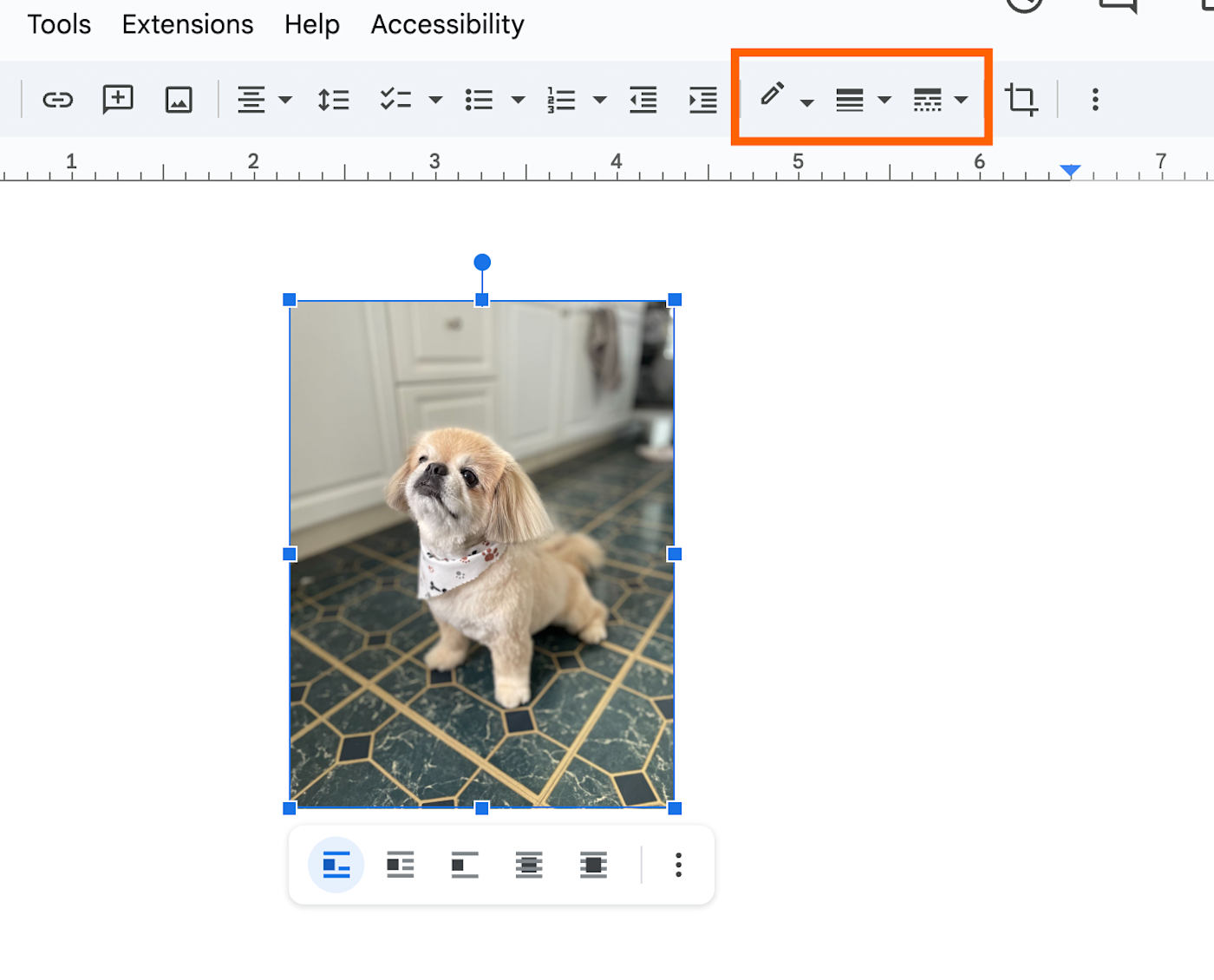 Toolbar in Google Docs with the border tools highlighted. 