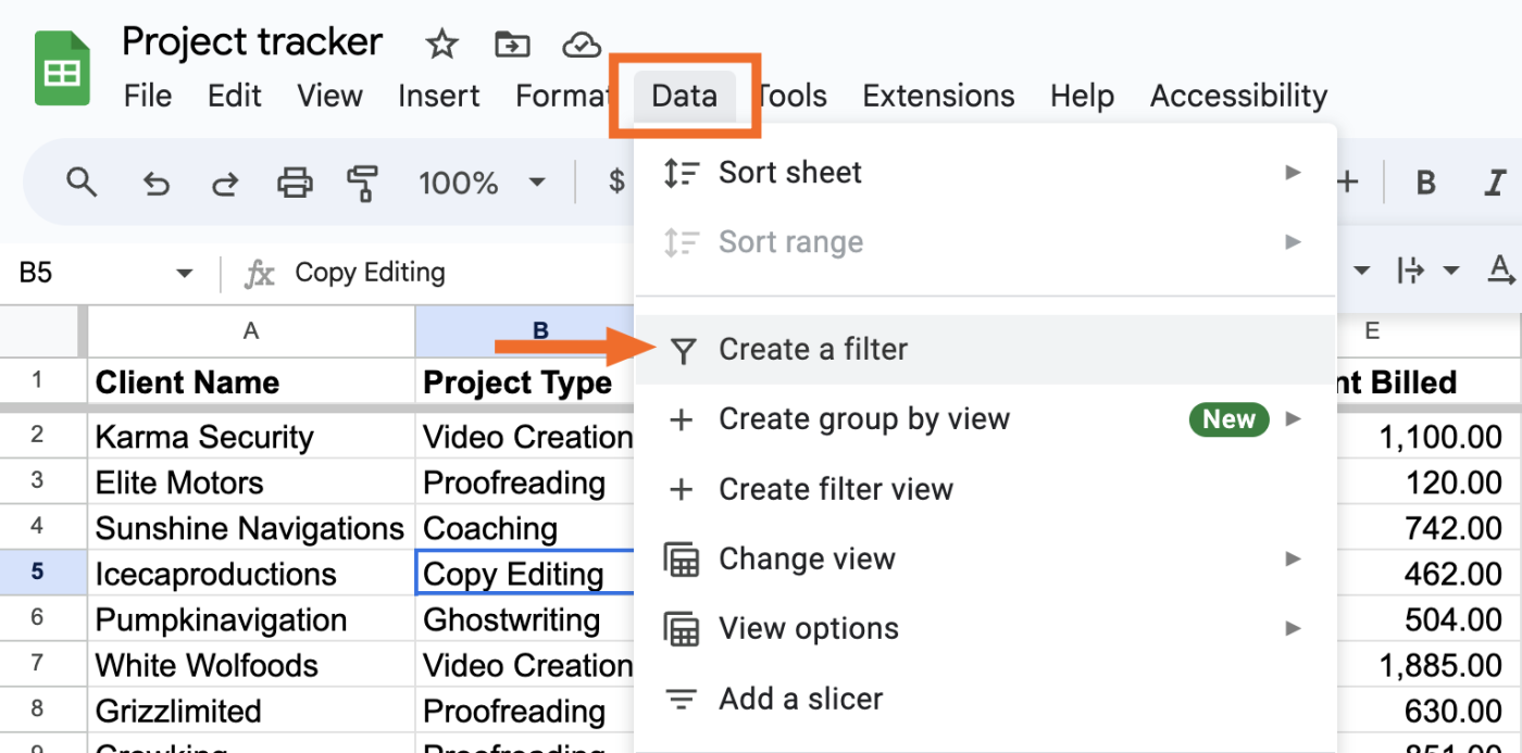 How to create a filter in Google Sheets using the data menu. 