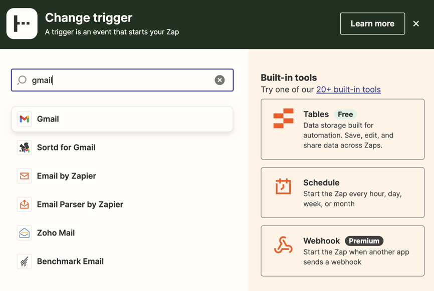 Gmail is shown in a search box in a trigger step in the Zap editor.