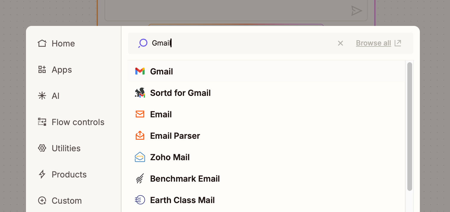 Gmail is shown in a search box in a trigger step in the Zap editor.