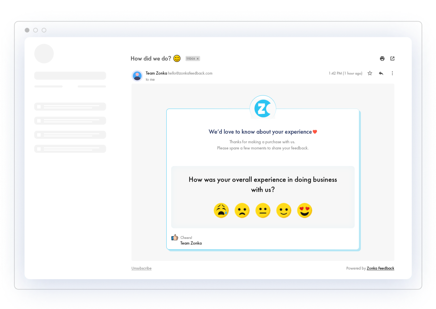 Customer satisfaction survey with five smiley faces embedded in an email body