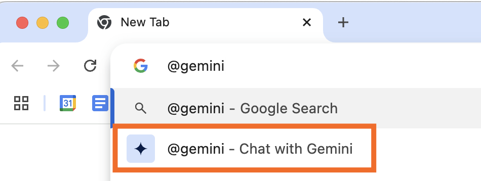 Expanded view of search results for @gemini entered in the address bar of a Chrome browser with the option to chat with Gemini highlighted.