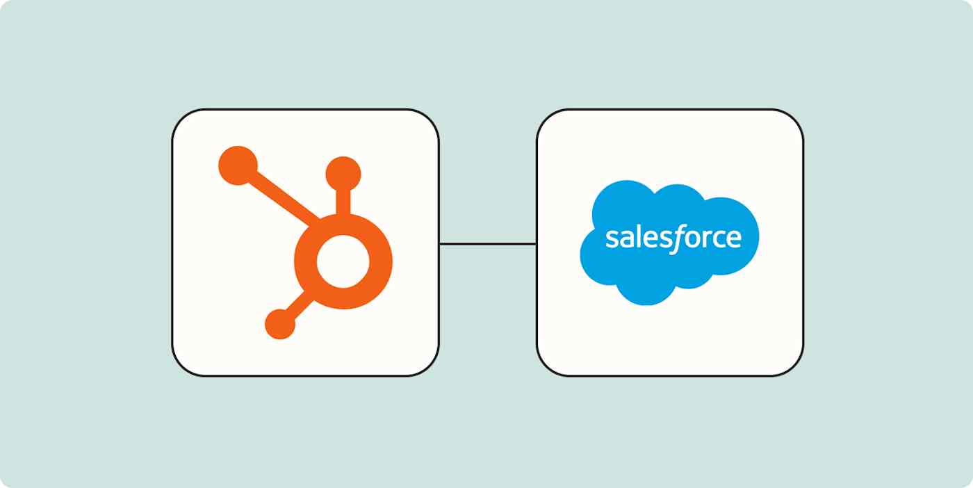 A hero image with the HubSpot app logo connected to the Salesforce app logo on a light blue background.