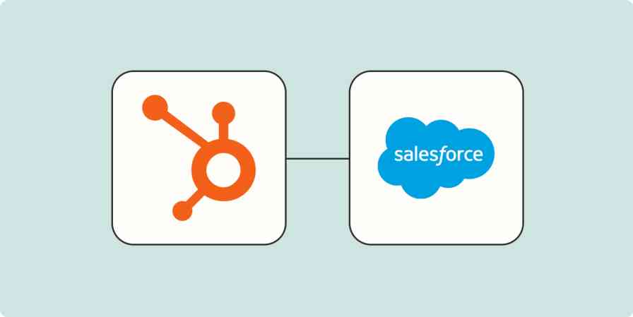 A hero image with the HubSpot app logo connected to the Salesforce app logo on a light blue background.