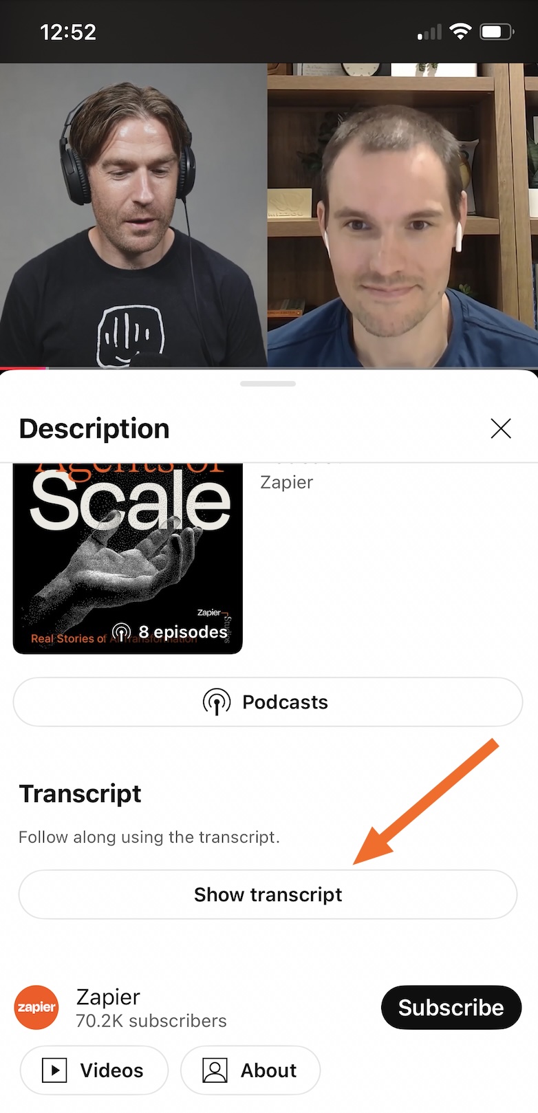 Screenshot of the "show transcript" button on mobile with an orange arrow pointing to it
