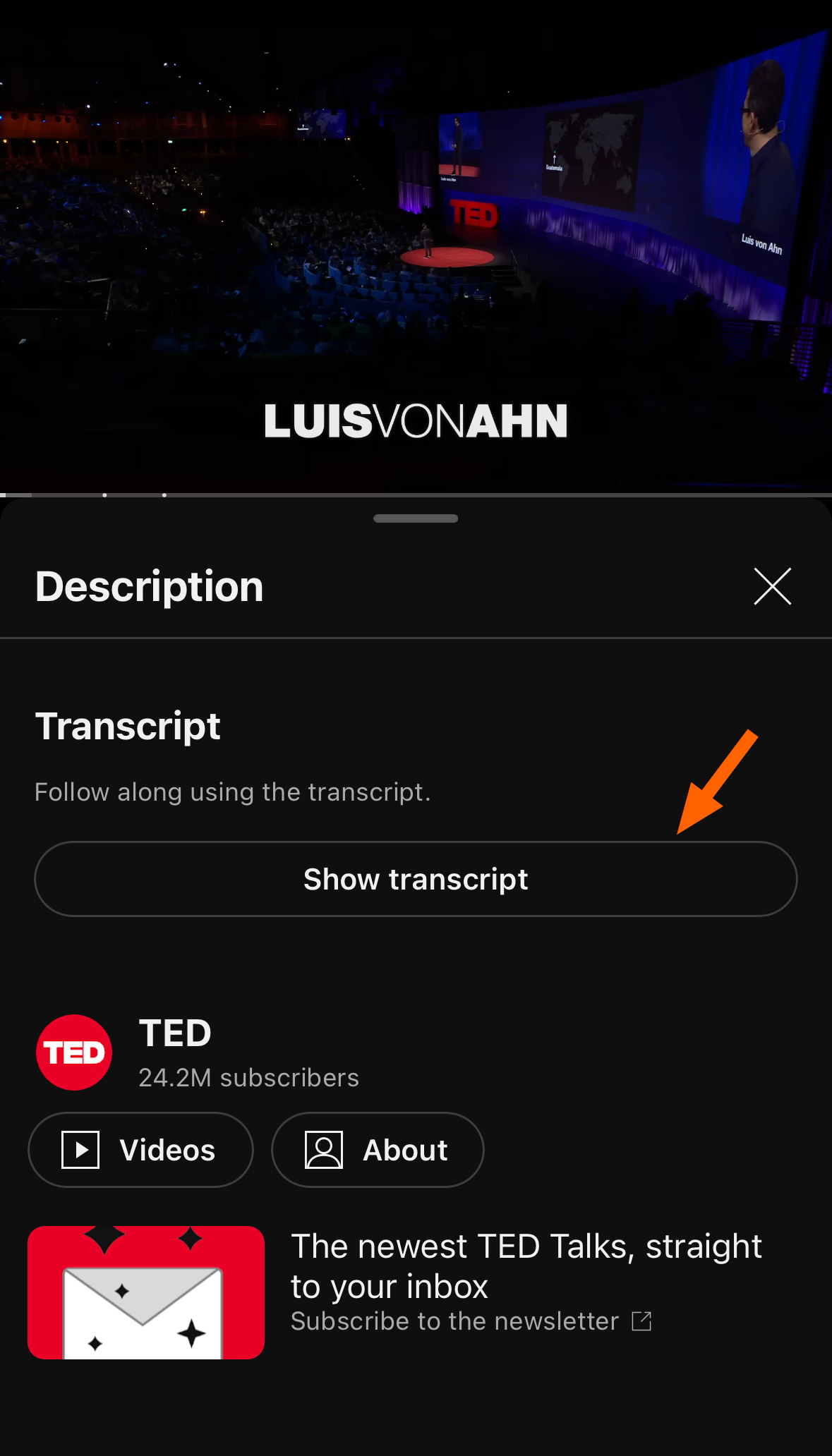 Screenshot of the "show transcript" button on mobile with an orange arrow pointing to it