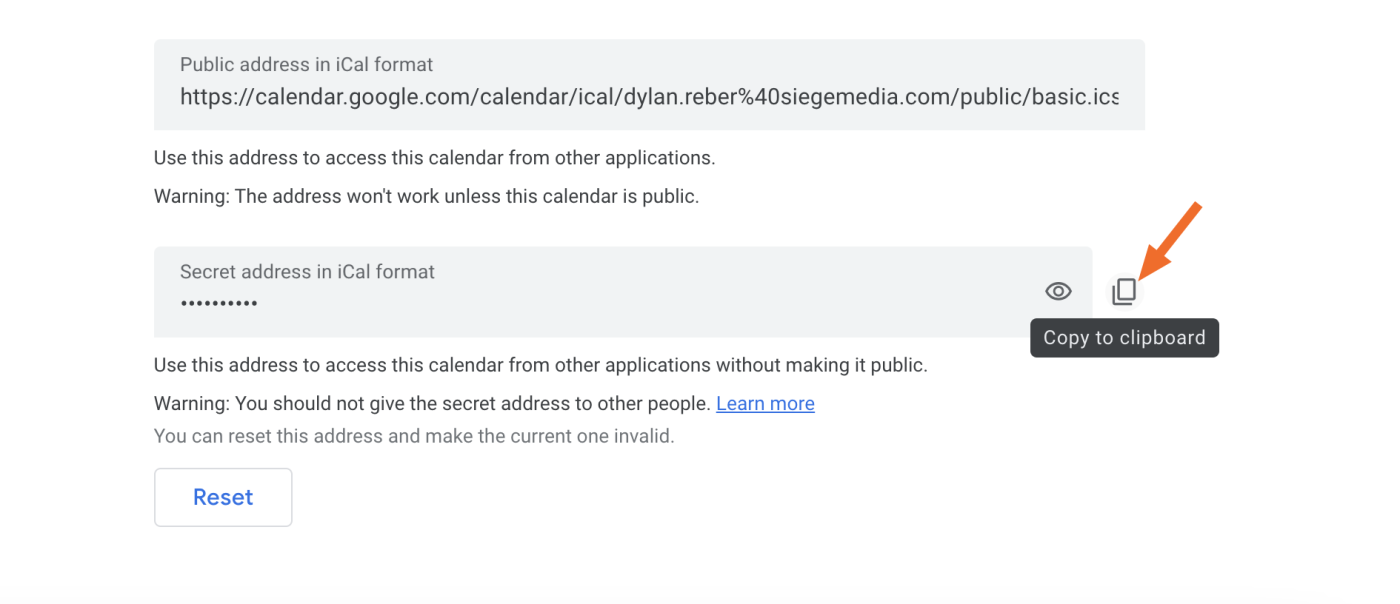 Image showing secret iCal address in Google Calendar