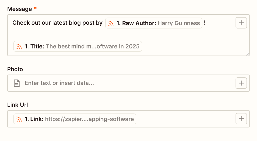 Facebook Pages fields in the Zap editor.