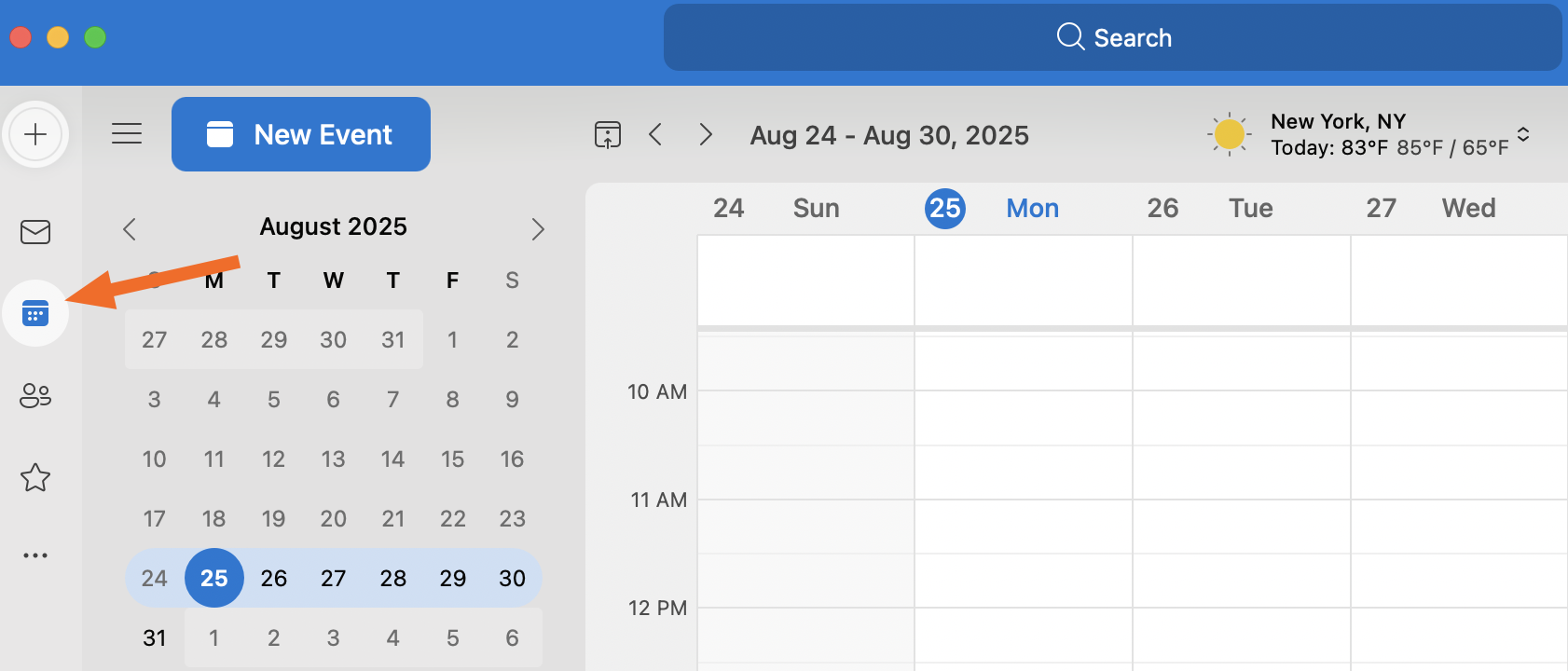 Screenshot showing where the calendar button is in Outlook.