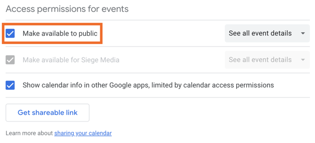 An image displays the button to make Google Calendar public.