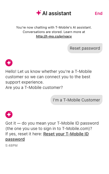 A screenshot of T-Mobile's IT support chatbot.