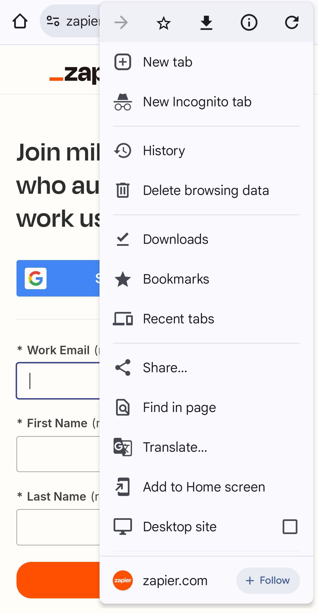 Screenshot showing where you click to create a QR code on mobile using Chrome on android