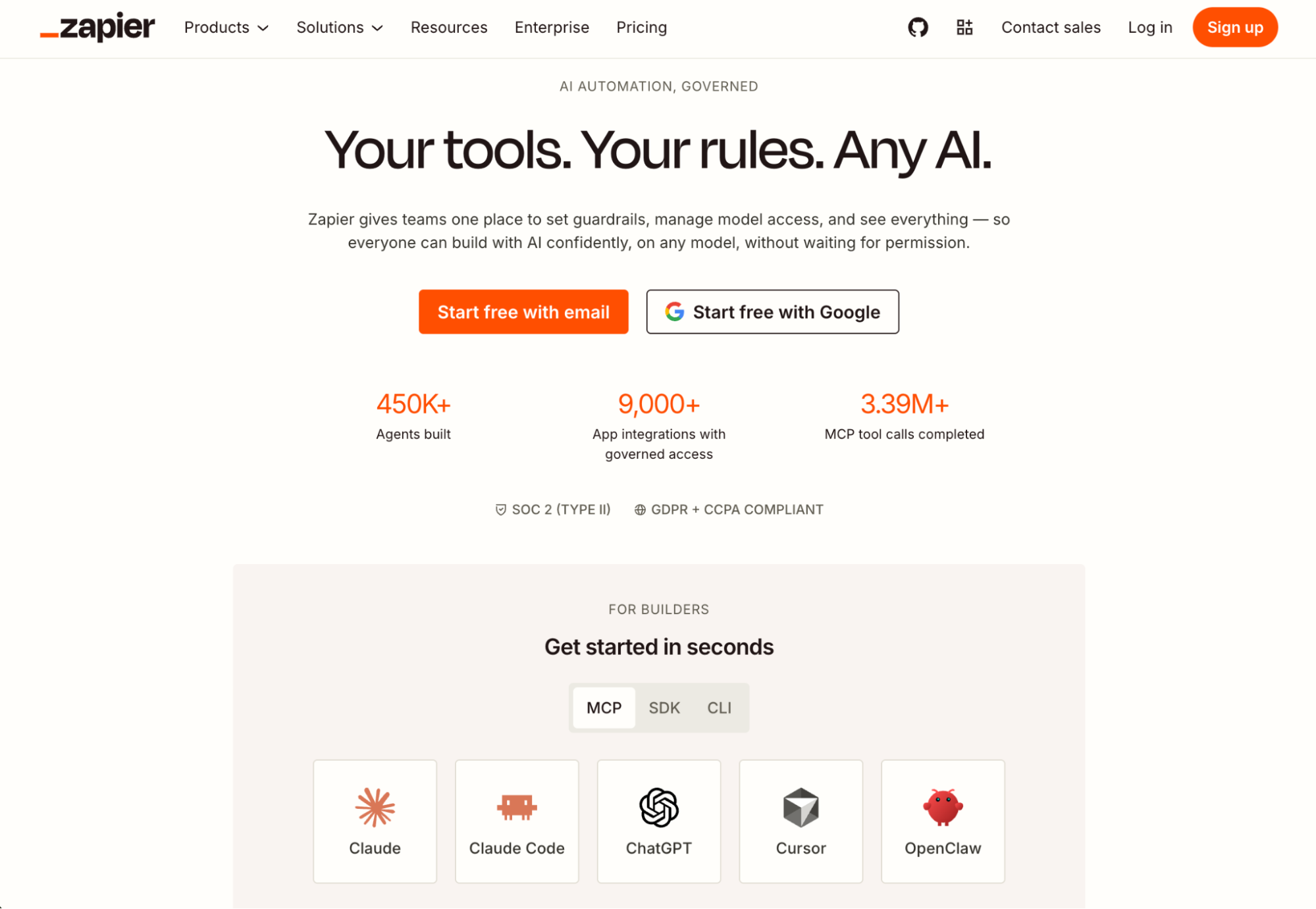 Zapier homepage with two main CTAs to get started: start free with email or start free with Google. 