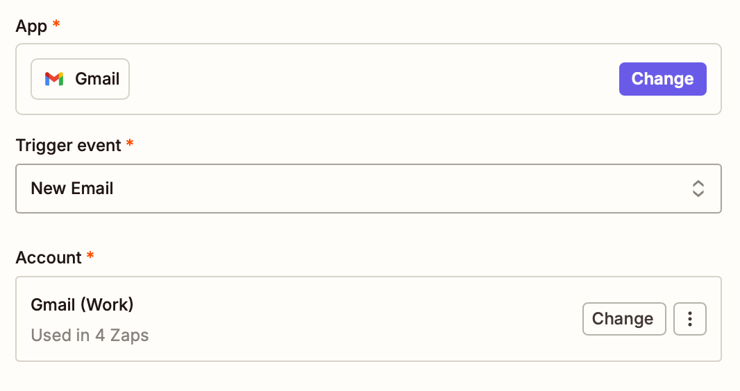 Selecting the Gmail app and New Email trigger event