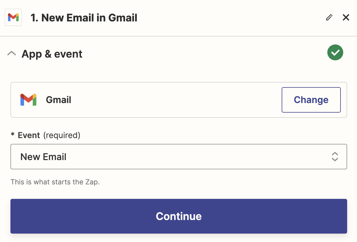 Selecting the Gmail app and New Email trigger event
