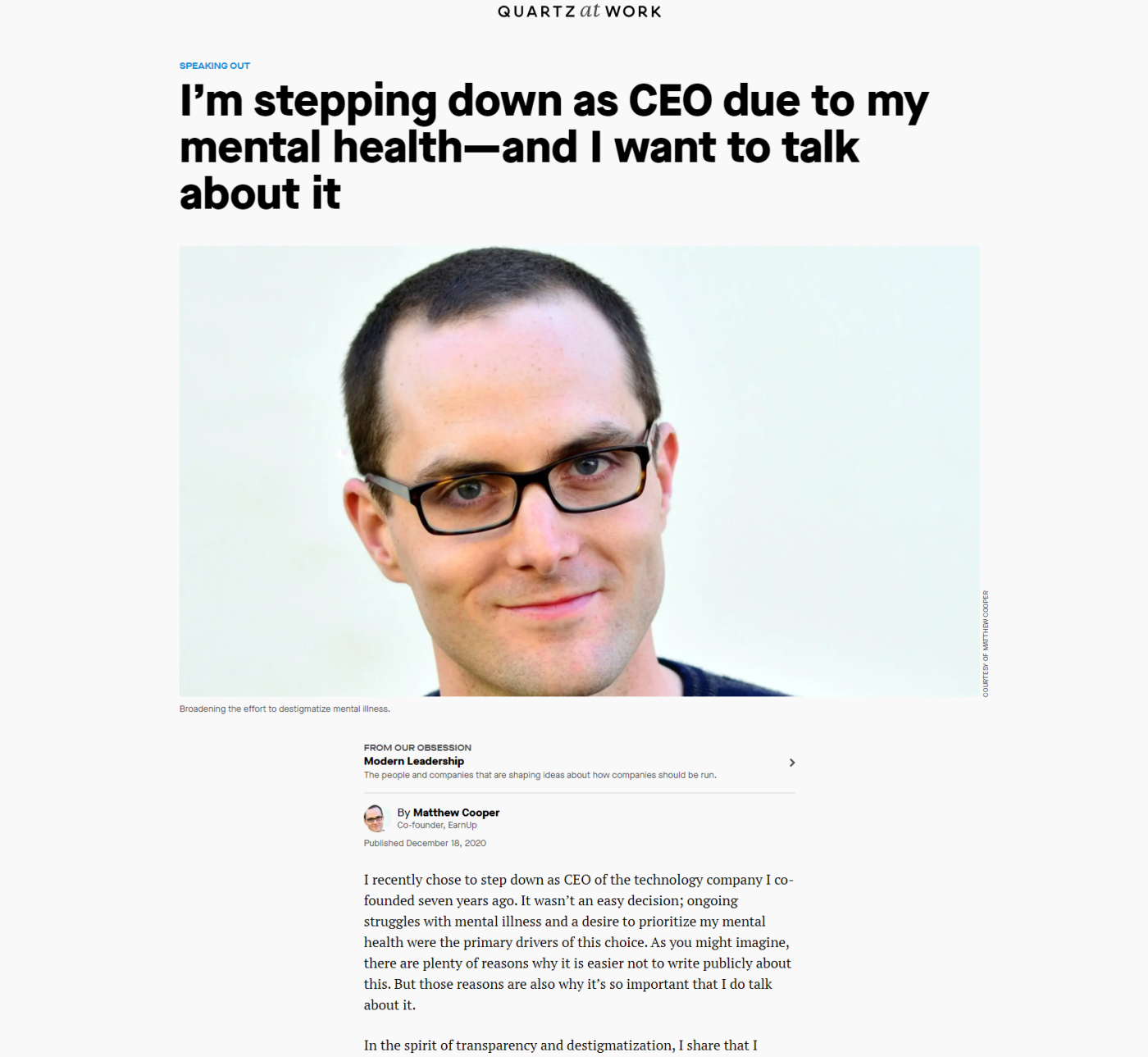 Quartz article by a CEO about their mental health