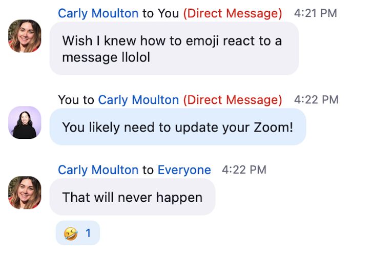 Portion of a Zoom chat window with direct messages between Carly and Jessica. The words "Direct Message" appears within parentheses directly above each direct message.