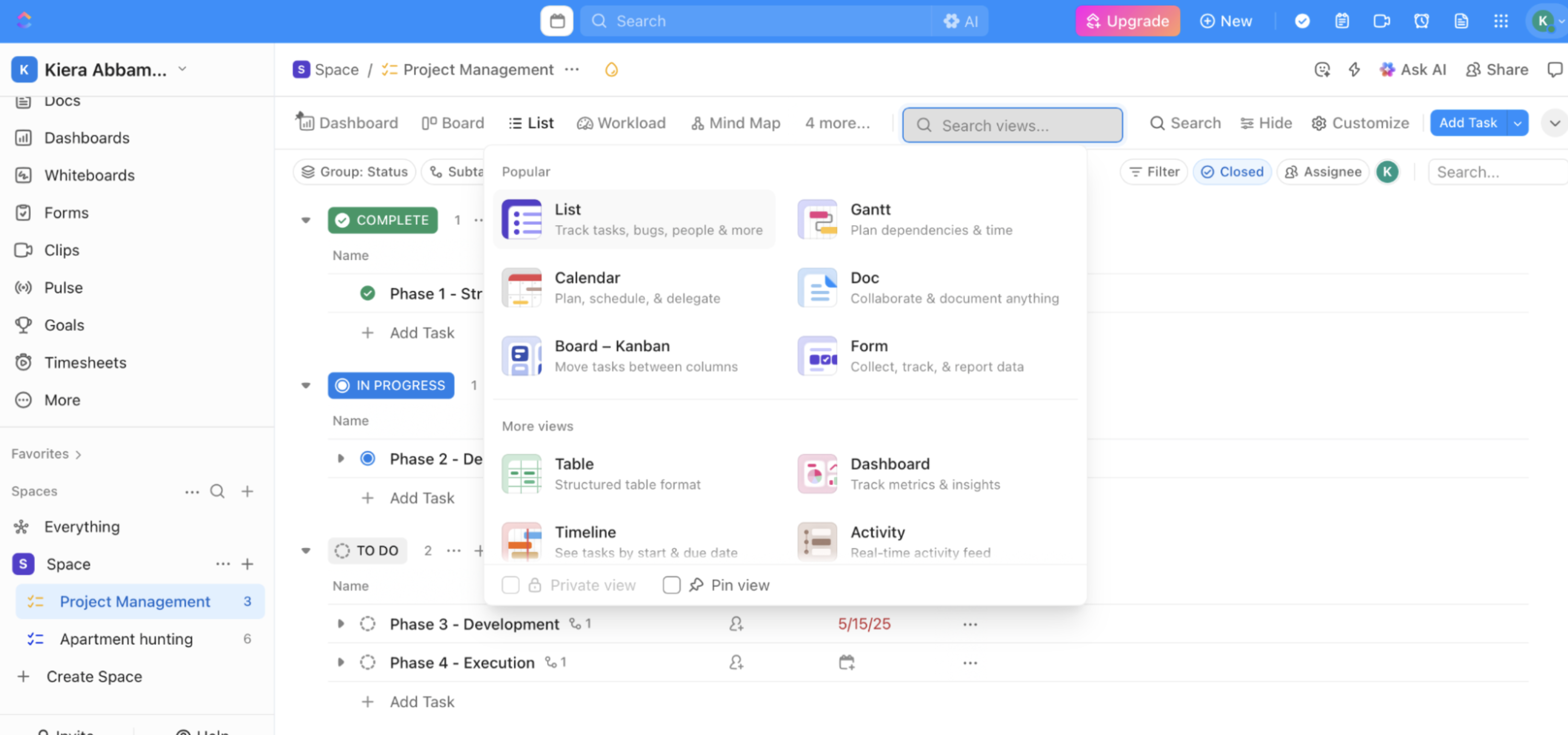 ClickUp, our pick for the best task management software for customization.