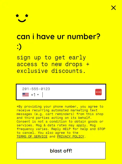 Starface pop-up with a field to enter a phone number and a CTA that reads blast off!