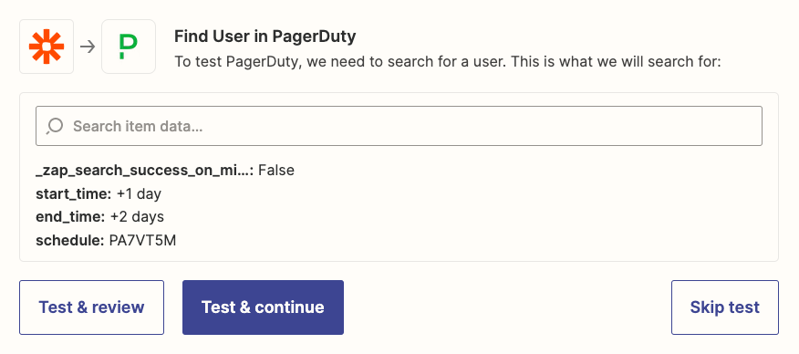 Testing the PagerDuty search action in the Zap editor.