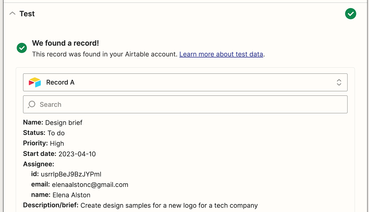 Record found in Airtable step in the Zap editor