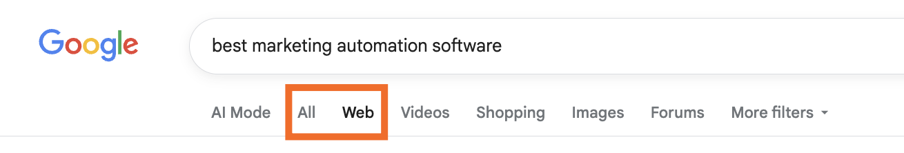 The options for All and Web on Google Search