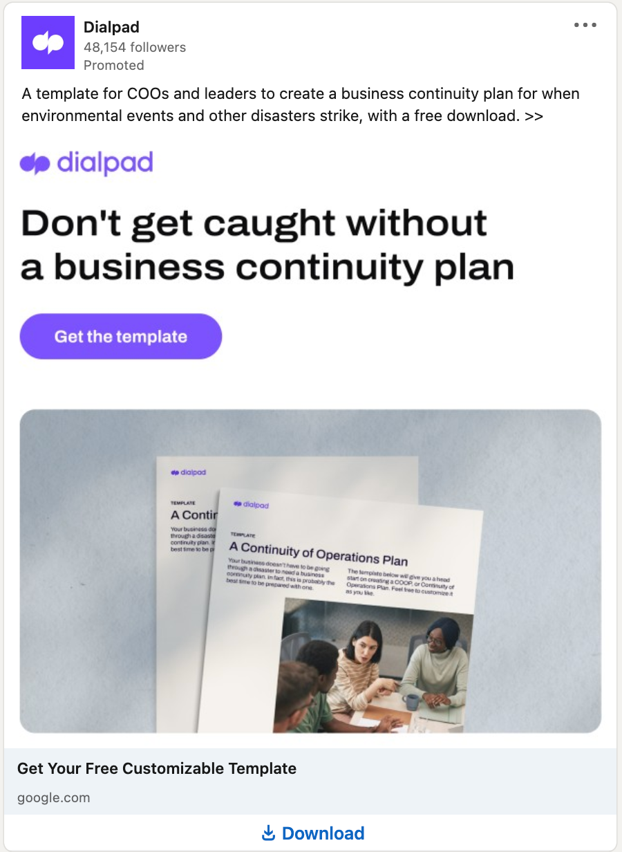 LinkedIn Lead Gen ad example from Dialpad offering a template