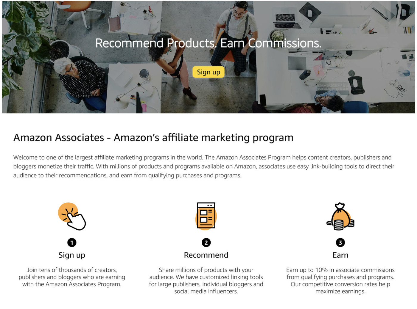 Screenshot of Amazon affiliate marketing webpage with the heading Recommend products. Earn commissions.