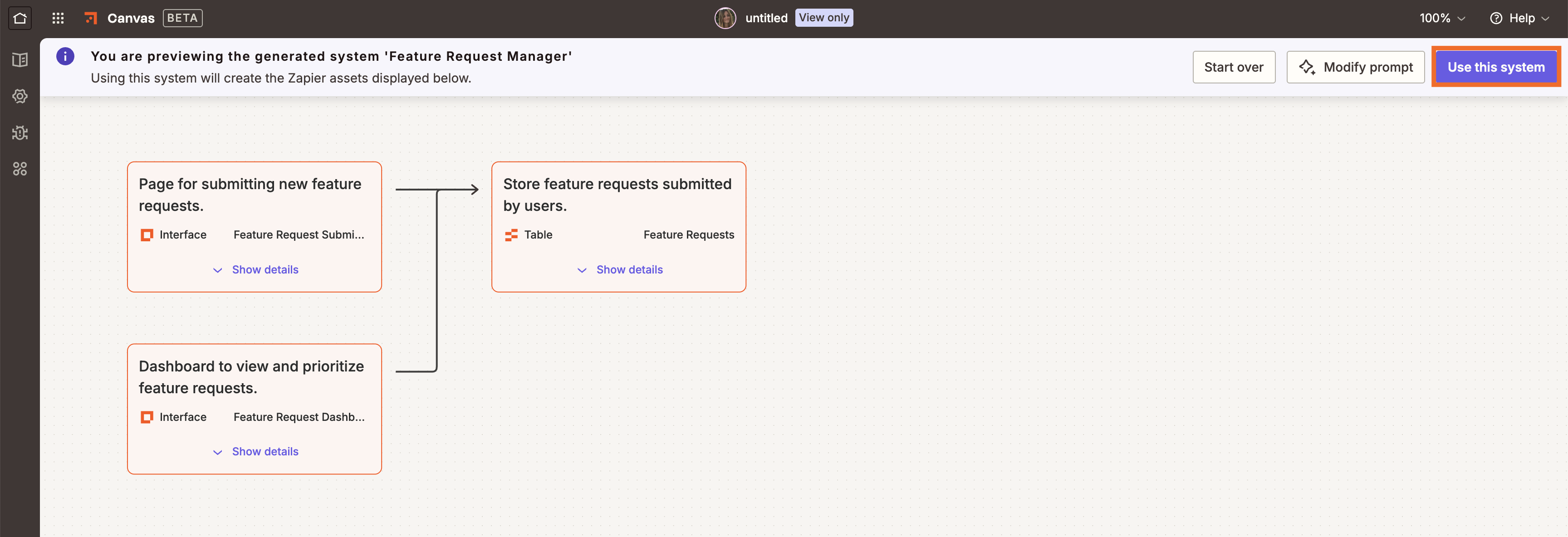 A preview of a feature request manager system in Zapier Canvas.