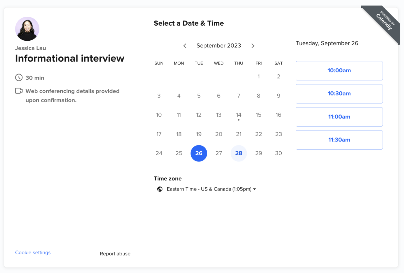 Example of the live booking page view for a one-off meeting in Calendly.