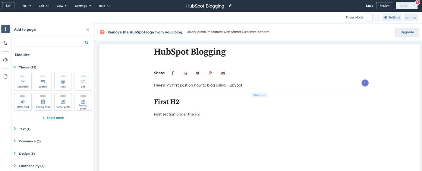 Screenshot of HubSpot blogging interface with blank blog template.