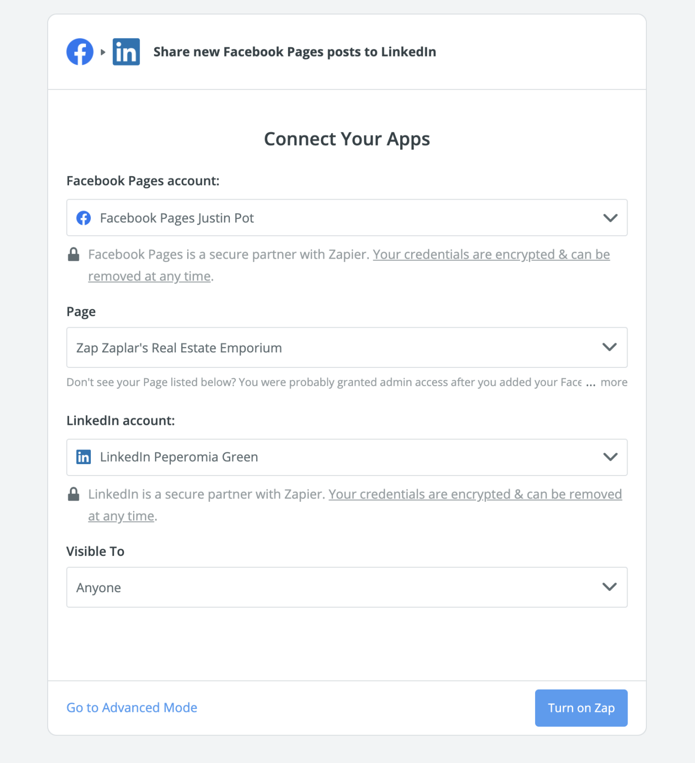 Connect Facebook Pages to LinkedIn using Zapier