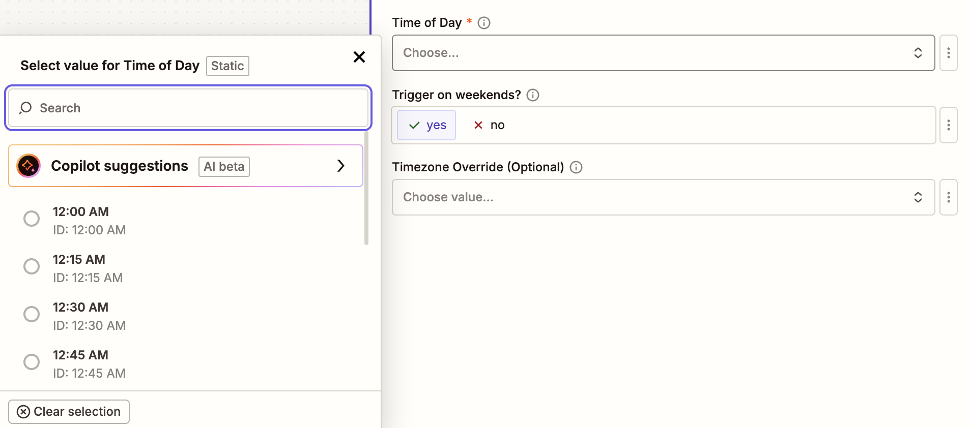 The Time of Day dropdown selector in Schedule by Zapier