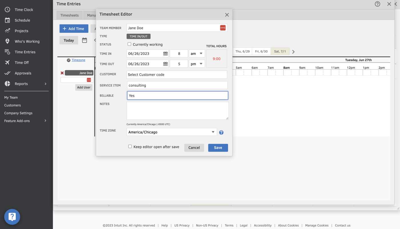 Screenshot of the writing using the time sheet and tracking feature in QuickBooks