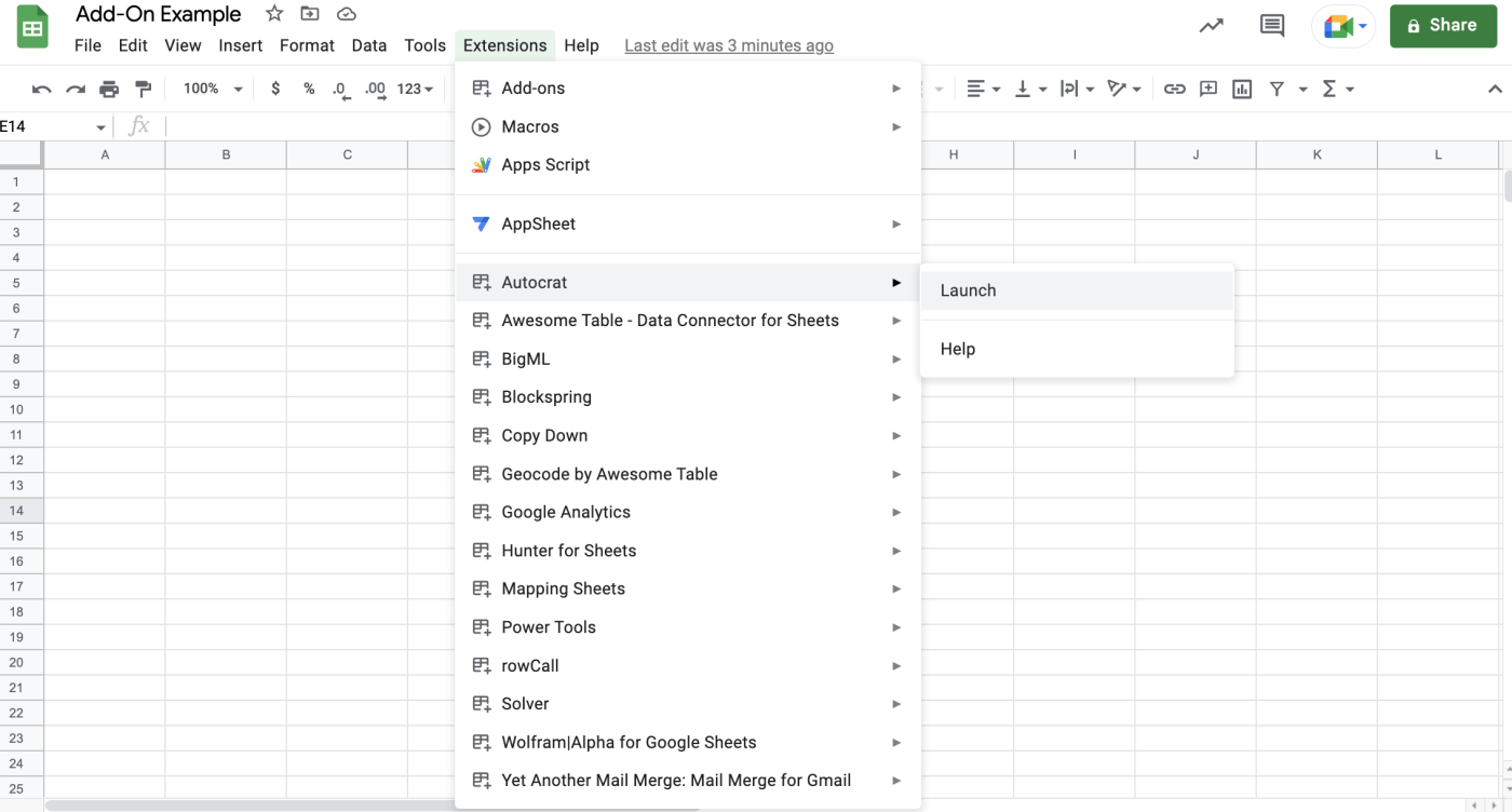 Expanded view of the Google Sheets Extensions menu with a list of installed Google Sheets add-ons. 
