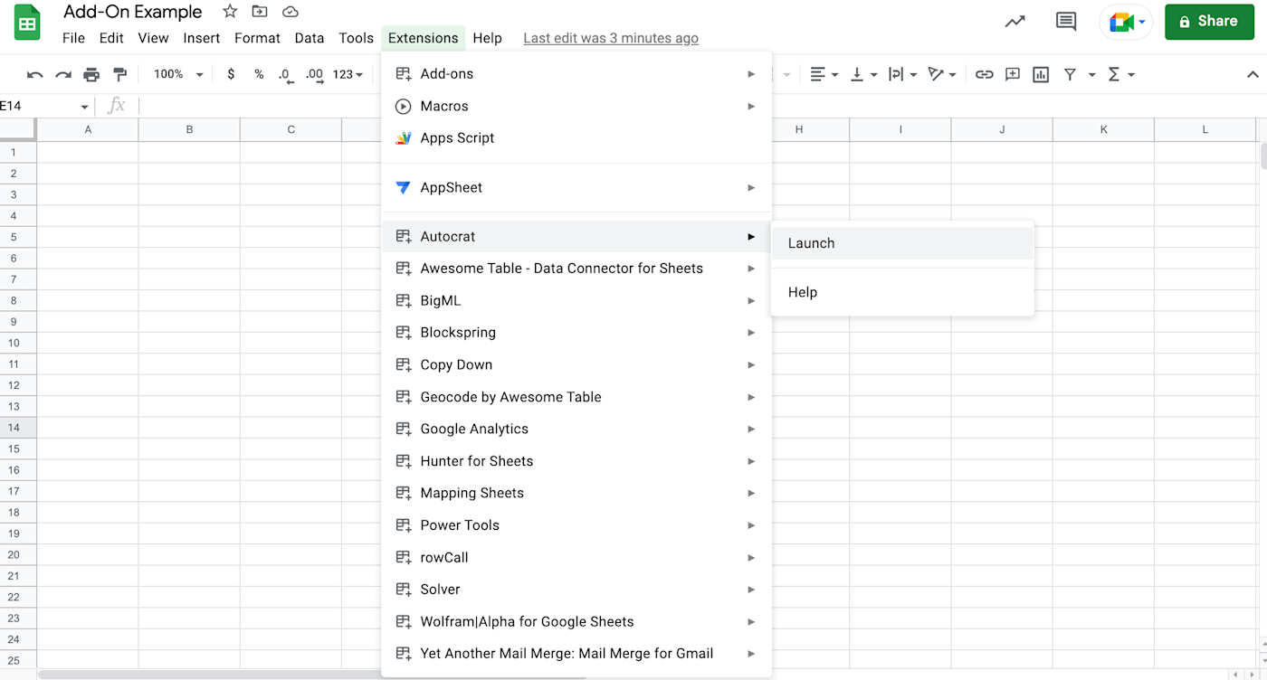 Expanded view of the Google Sheets Extensions menu with a list of installed Google Sheets add-ons. 