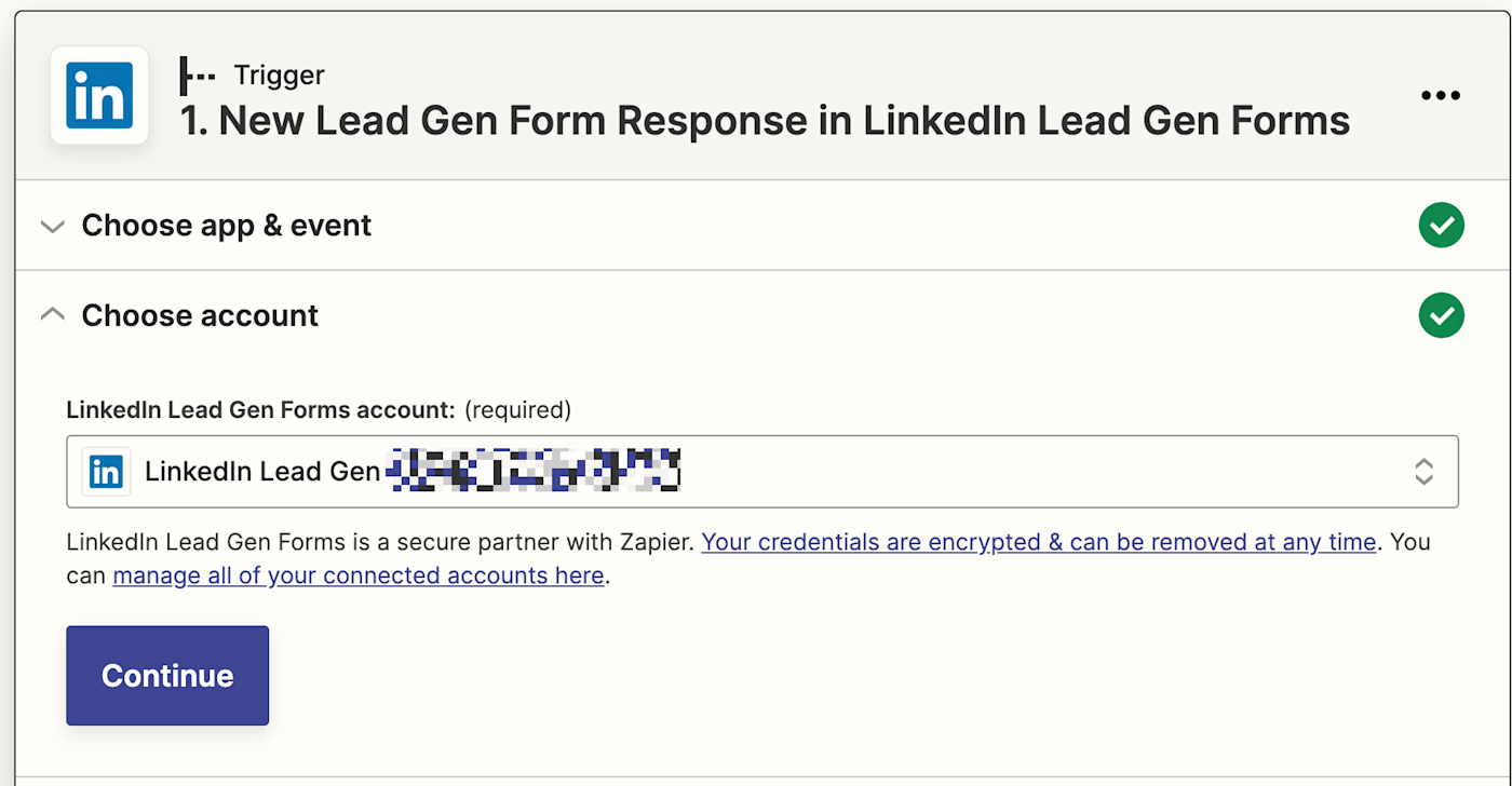 A LinkedIn Lead Gen account is selected under LinkedIn Lead Gen Forms account.