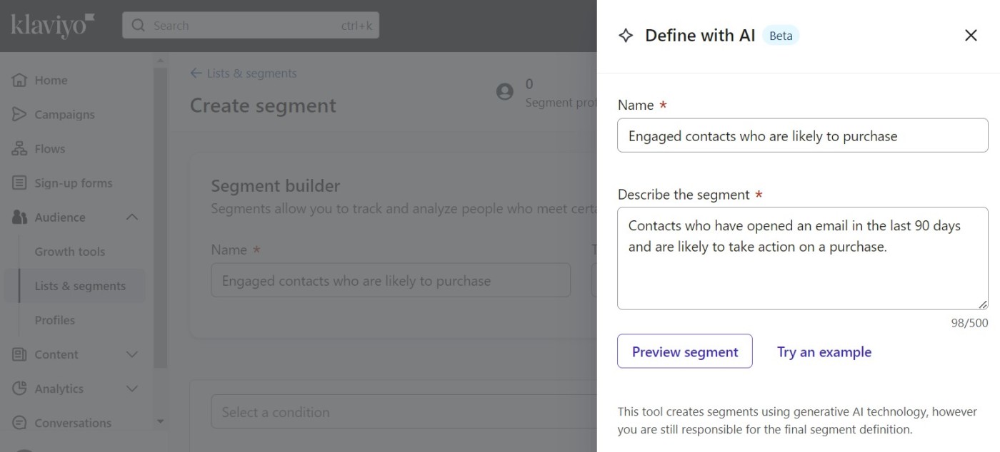 Creating a segment using natural language in Klaviyo