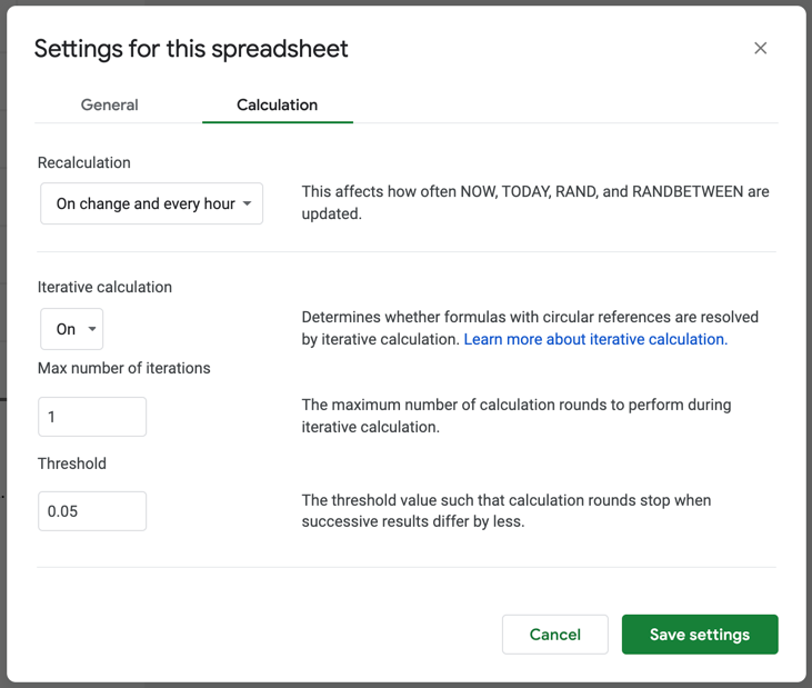 A screenshot of the Calculation settings in Google Sheets