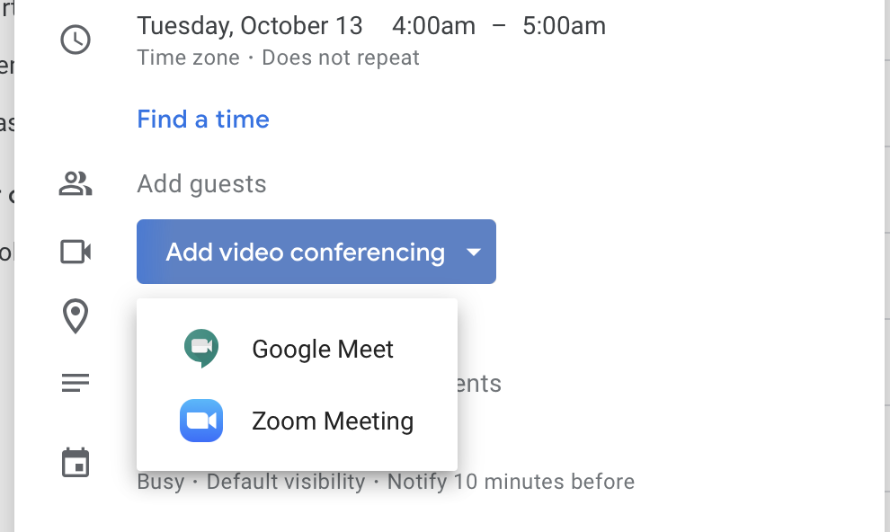 multiple video conferencing options in Google Calendars