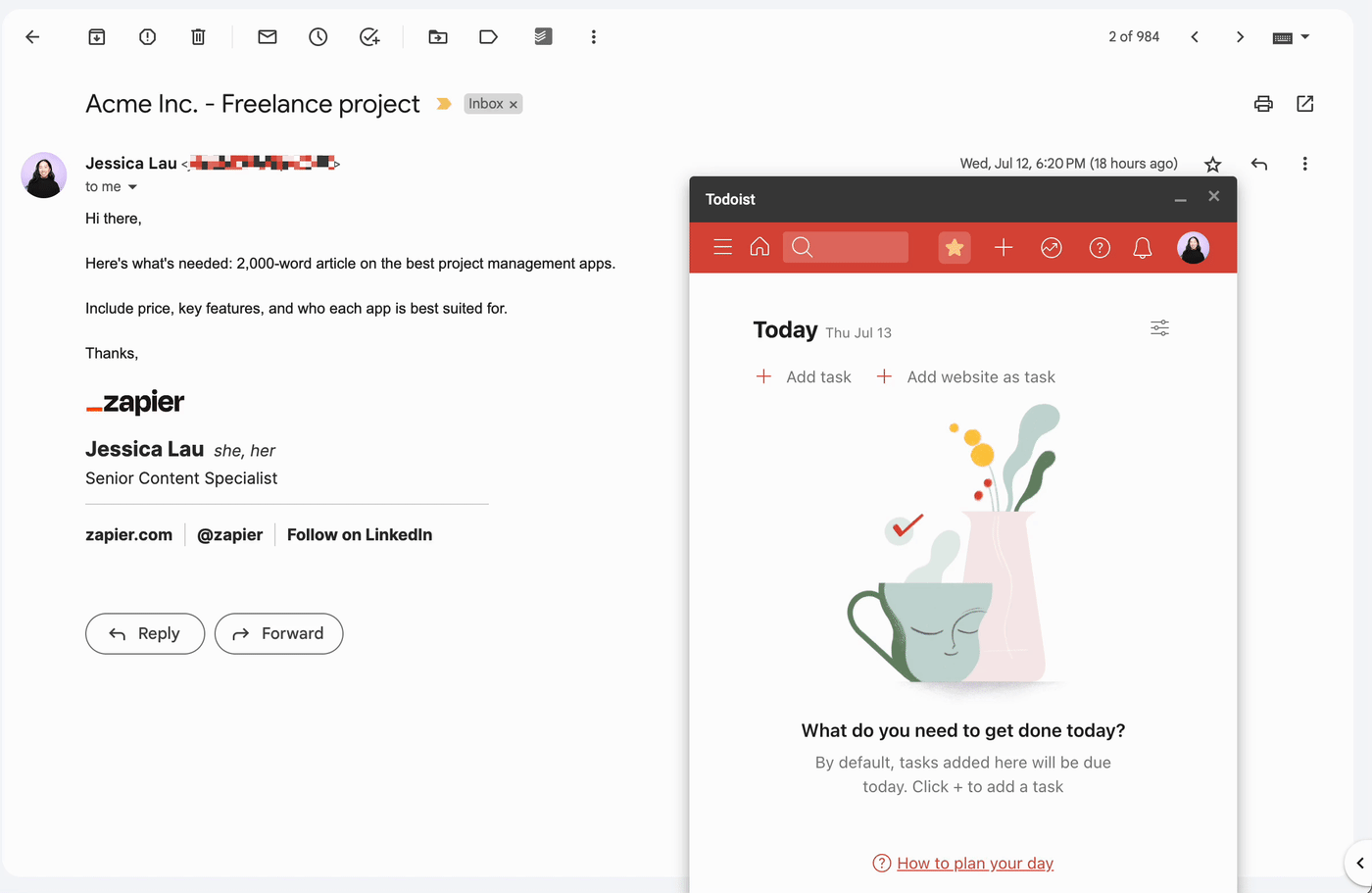 Expanded Todoist extension window in a Gmail email. The cursor clicks "Add website as task," and the email is automatically converted into a Todoist task.