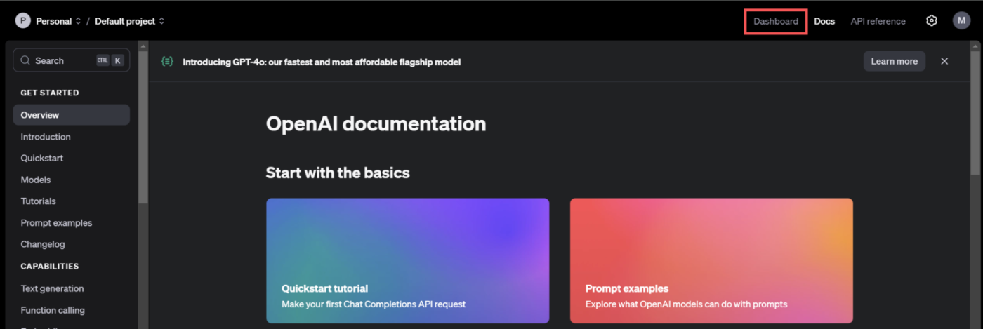 The Dashboard button in the OpenAI playground
