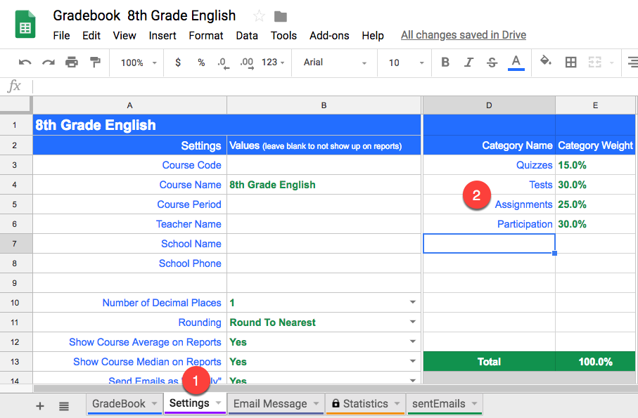 creating weighted categories in GradeBook for Google Sheets