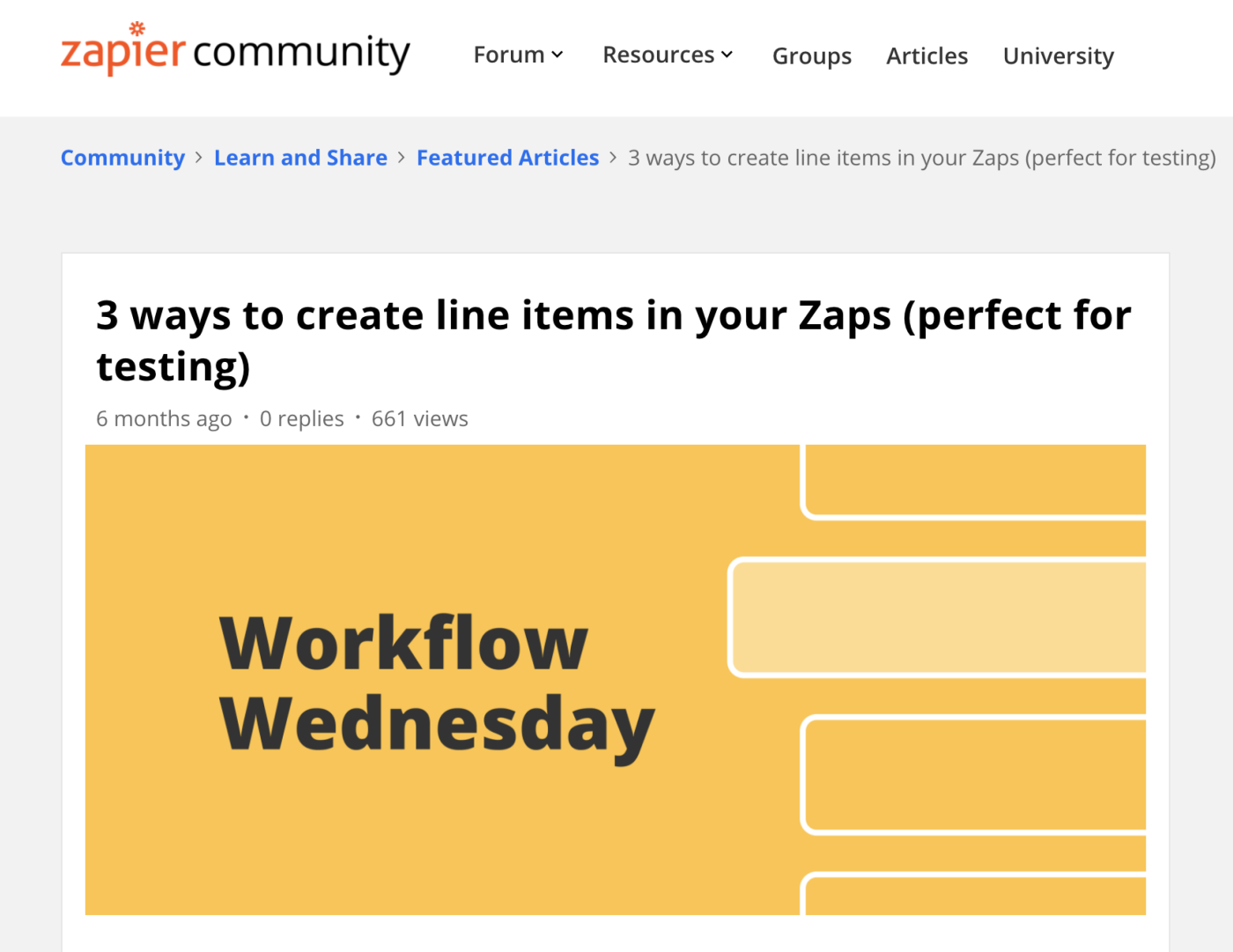 A post in the Zapier Community about line items