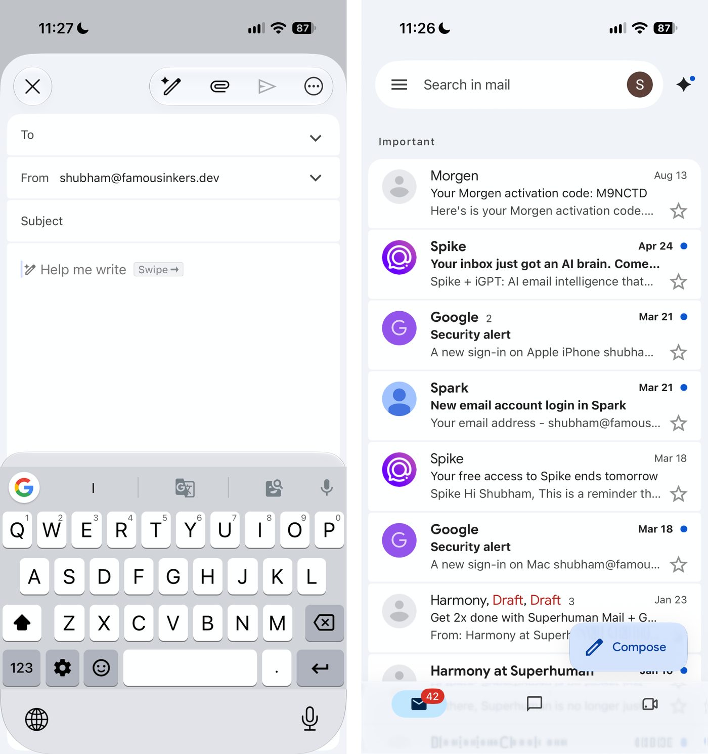 Gmail iPhone app compose screen and inbox side by side